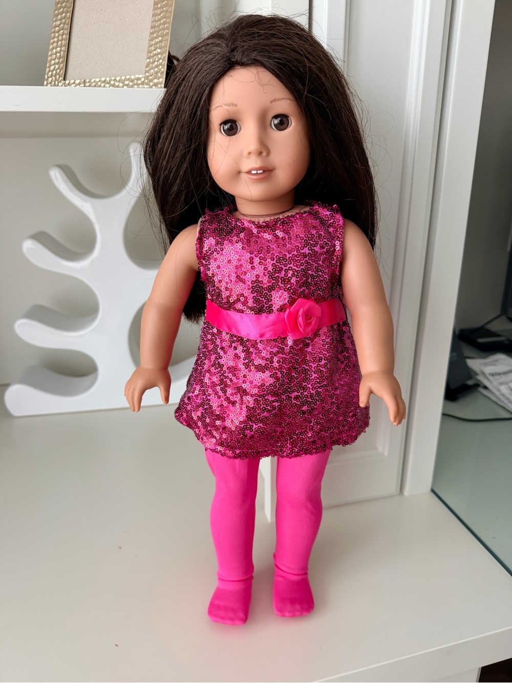 AMERICAN GIRL Brunette Brown Eyed Girls Doll Wearing All Pink Outfit EUC